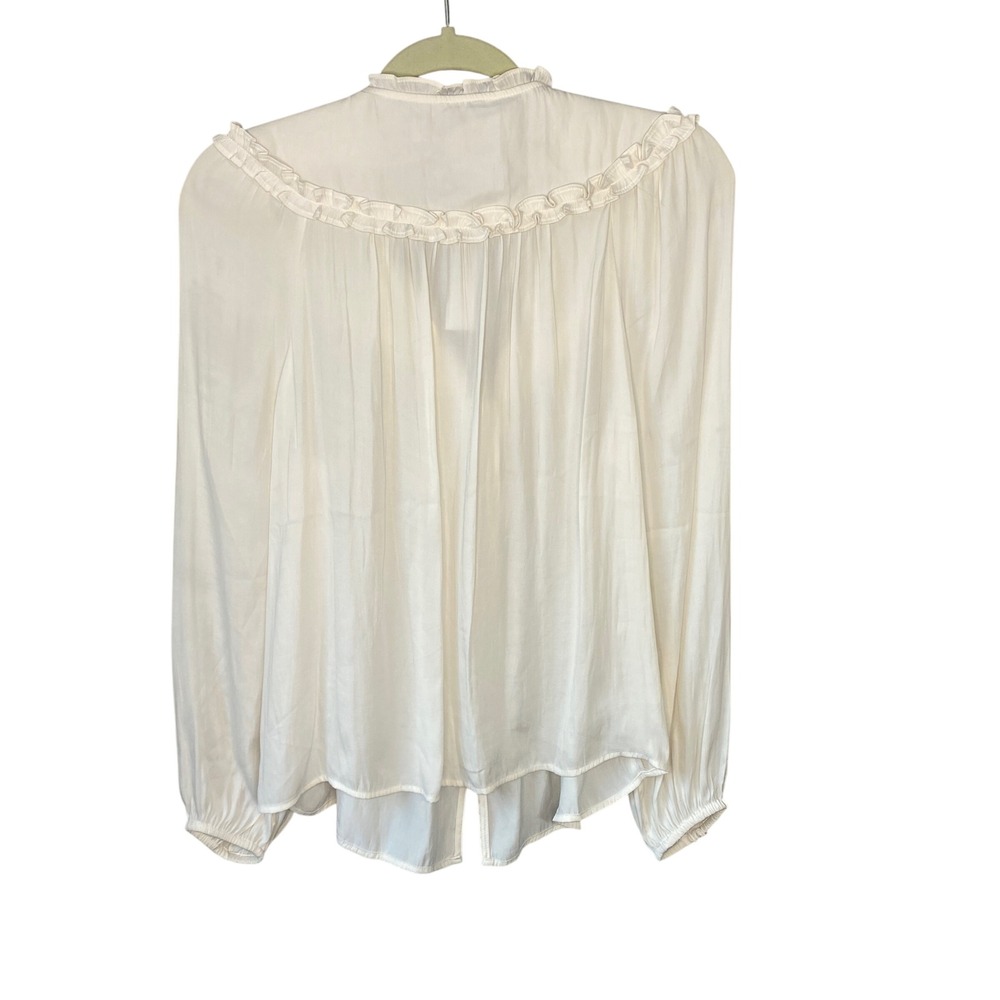 LOFT Cream Ruffle Yoke Tie Neck Button Front Blouse NWT Medium - Picture 2 of 12